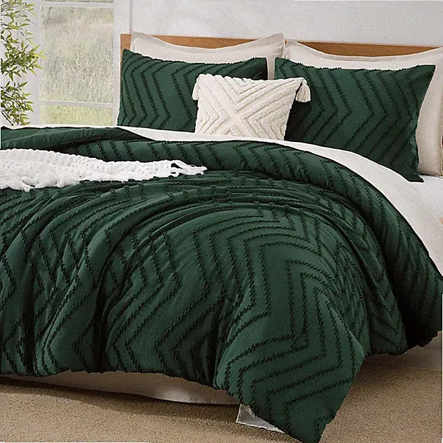 3 PCS Queen Comforter Set, Dark Emerald Green, Chevron Tufted, Down Alternative