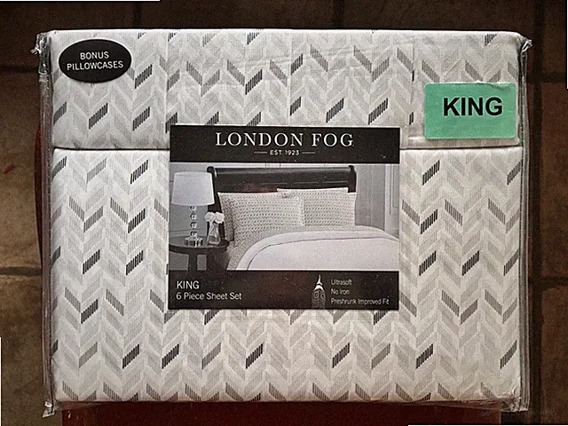 6-pc London Fog KING SIZE Sheet Set - GRAY BLACK CHEVRON - Easy Care