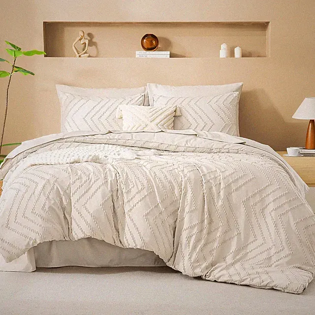 7 Piece California King Comforter Set with Sheets, Beige Boho Tufted Bedding
