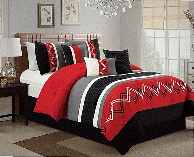 7-Piece Red Black Stripe Pleated Bedding Set Chevron Embroidered Comforter Set