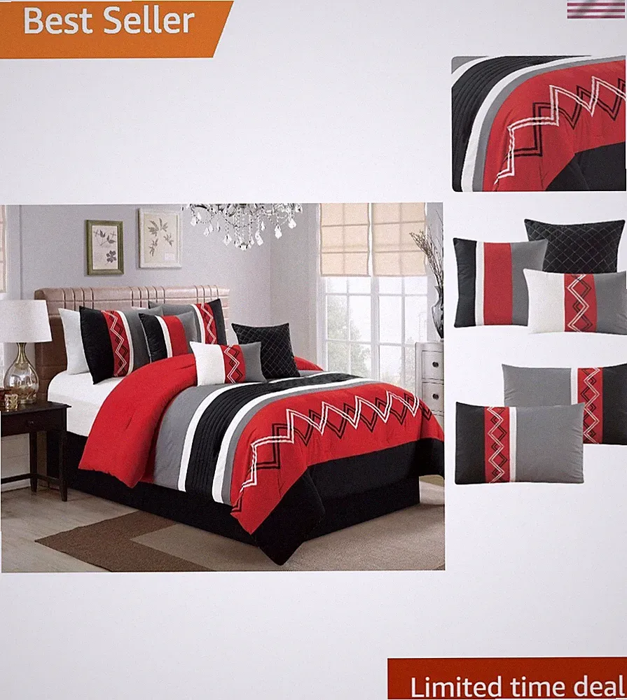 Arden 7-Piece Modern Pleated Stripe Bedding Set, Full Size - Red/Black/Gray