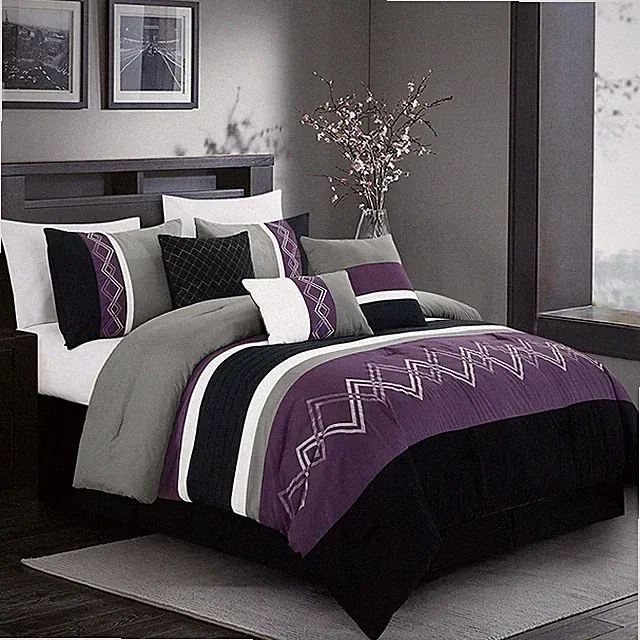 Arden 7-Piece Purple Gray Black Pleated Stripe Chevron Embroidered Comforter Set