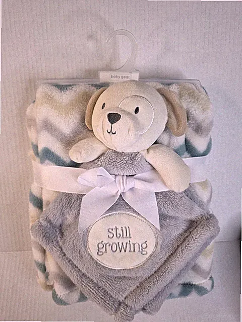 Baby Gear Grey Tan Puppy Dog Still Growing Lovey Chevron Stripe Blanket Set NEW