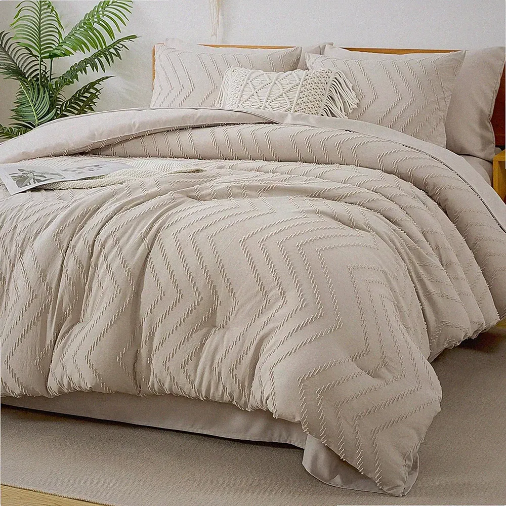 Beige California King Comforter Set - 7 Piece Chevron Bedding Set
