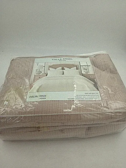 Calla Angel Evelyn Stitch Quilt Set King Chevron Cotton White Beige Bedding