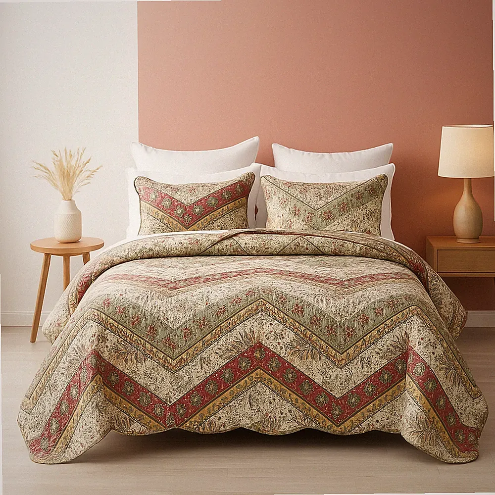 DaDa Bedding Bohemian Rustic Red Sage Green Chevron Floral Quilted Bedspread Set