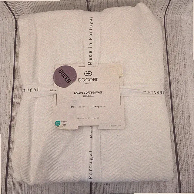 Docofil Blanket QUEEN White Chevron Coverlet 100% Cotton Natural Crisp Earthy