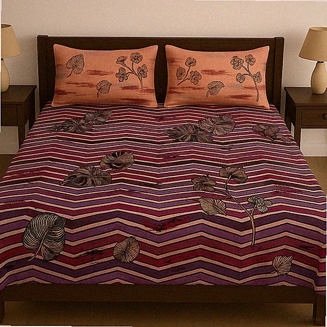 Floral & Chevron Print Queen Size 100% Cotton Bedspread with Pillow Covers