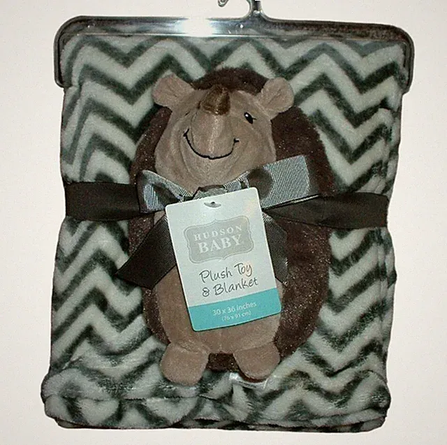 Hudson Baby Blanket Set Plush Hedgehog Fleece Chevron Brown Gray Boys NWT RARE