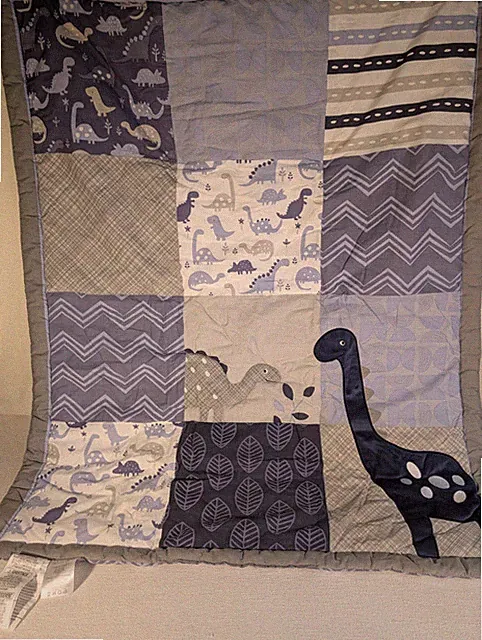 Lambs & Ivy Dinosaur Crib Quilt Blue/ Gray Reversible To Chevron Pattern In Blue