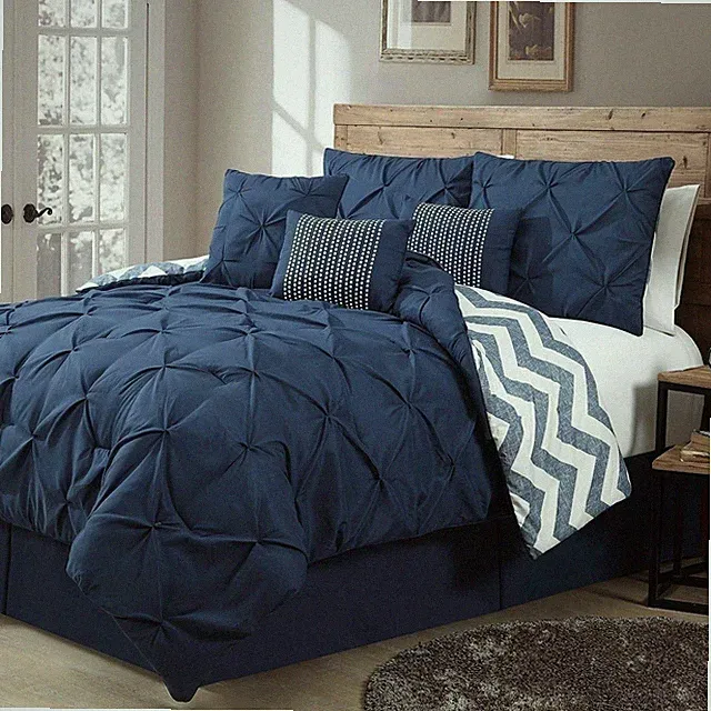 Navy Blue White Chevron Pintuck Pleated 7 pc Comforter Set Queen King Bedding