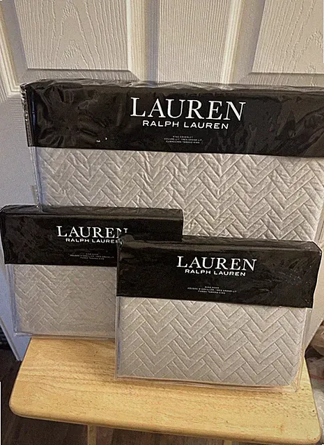NIP Ralph Lauren KAIA Gray Sheen Chevron Matelassé King Coverlet & Shams Set 3pc