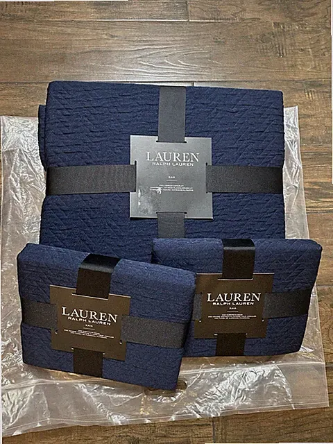 NWT RALPH LAUREN KAIA NAVY CHEVRON COVERLET FULL QUEEN & 2 EURO SHAMS