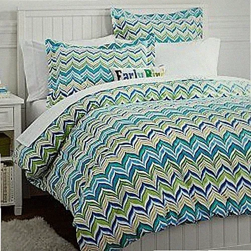 PBteen Full Queen Duvet Cover Blue Green White Chevron Cotton Bedding