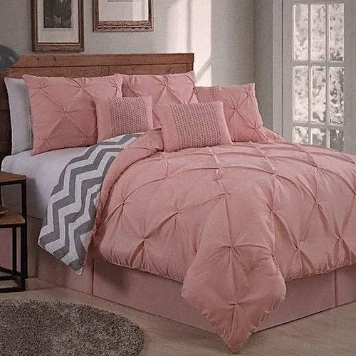 Queen King Bed Pink Blush Gray Pintuck Pleat Chevron 7 pc Comforter Set Bedding