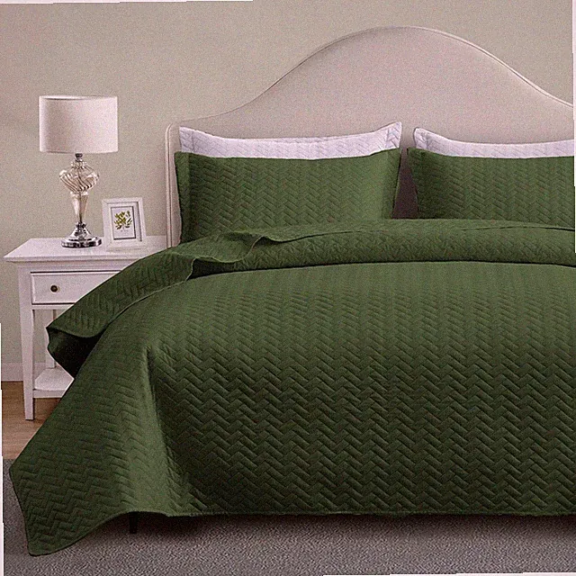 Quilt Set Queen Size, Lightweight Olive Green Bedspread Ultrasonic Chevron Pa...