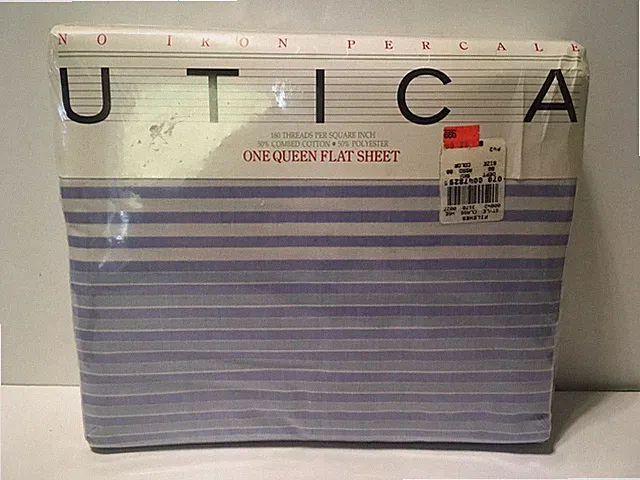 Utica Blue Chevron Stripe Queen Flat Sheet Vtg NOS